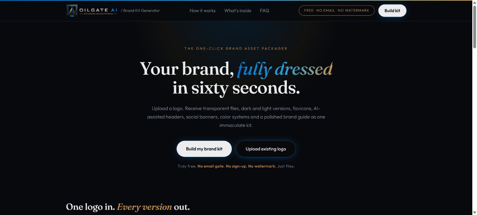 The public Oilgate Brand Kit website and its logo-to-brand-kit workflow