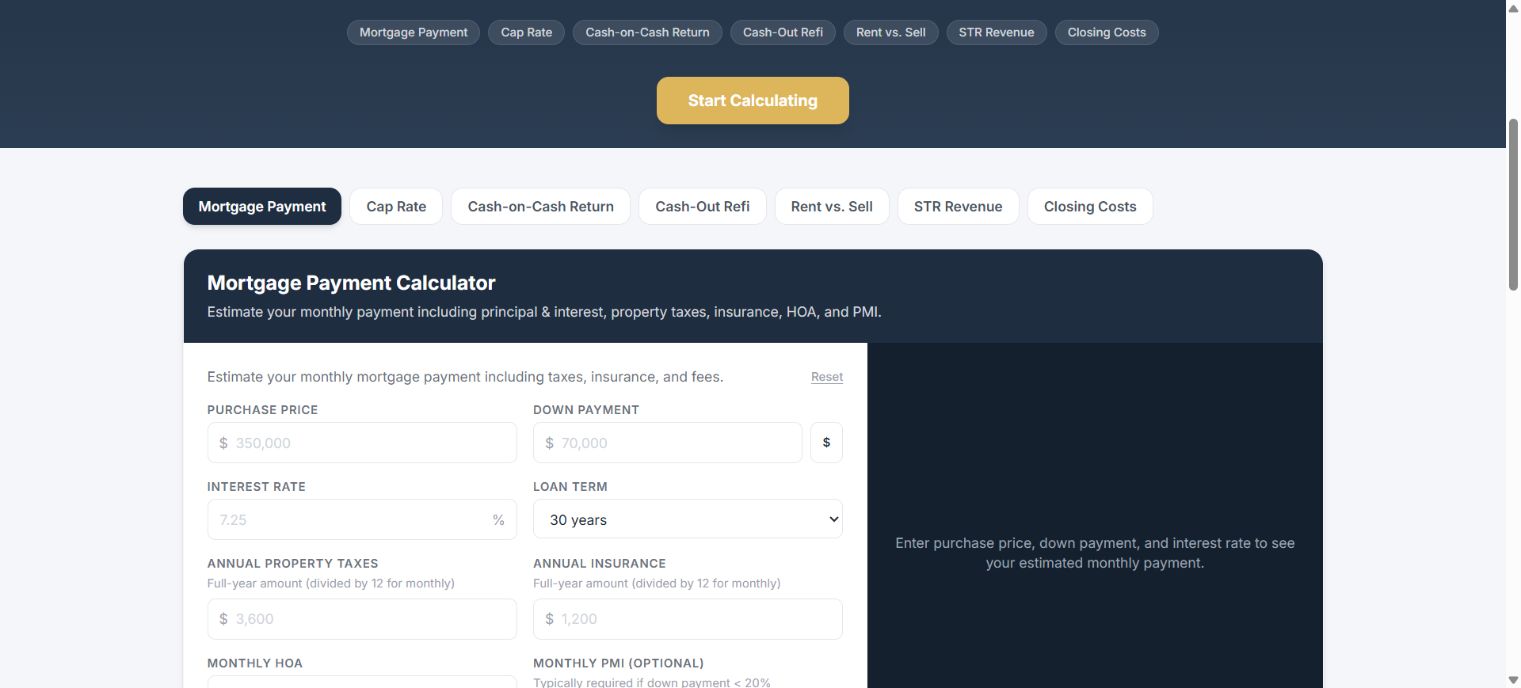 Realty calculator interface with the mortgage calculator and seven tool tabs